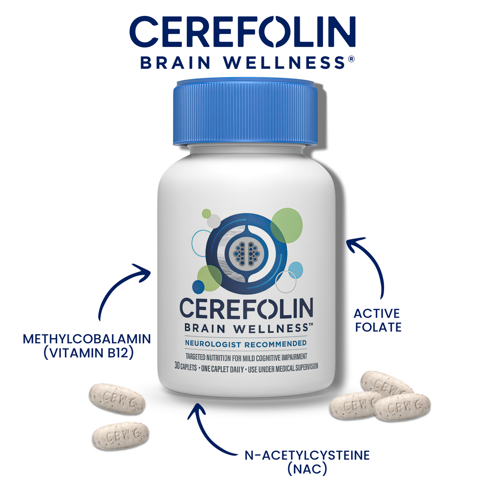 Cerefolin Brain Wellness supplement bottle with labeled ingredients on a white background