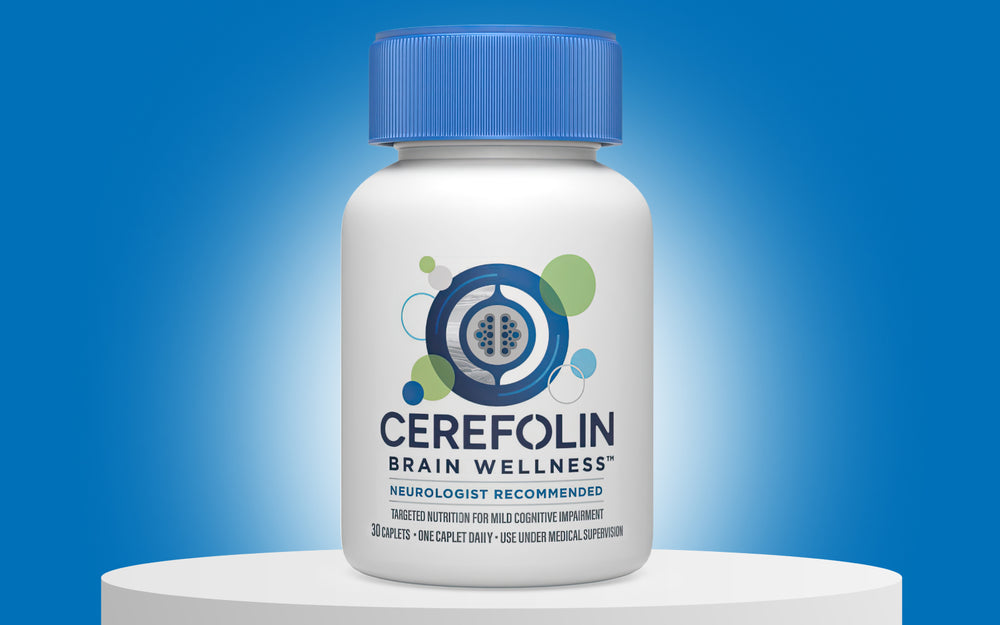 Bottle of Cerefolin Brain Wellness™ supplement on a blue background
